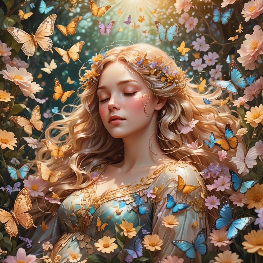 Dreamy Woman Animal Asleep Among Flowers