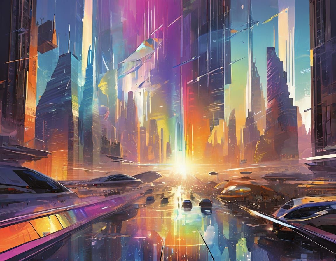 Futuristic City Through Cracked Visor in Neon Style
