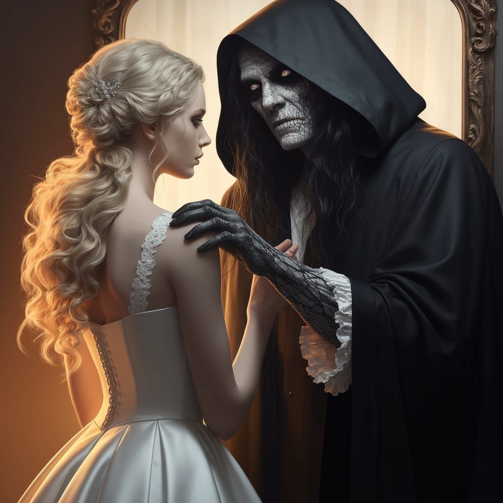 Elegant Blonde Woman Confronts Dark Figure in Golden Hues