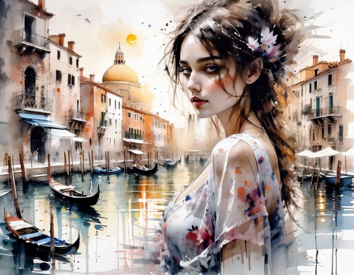 Ethereal Watercolour of Moonlit Venetian Canal