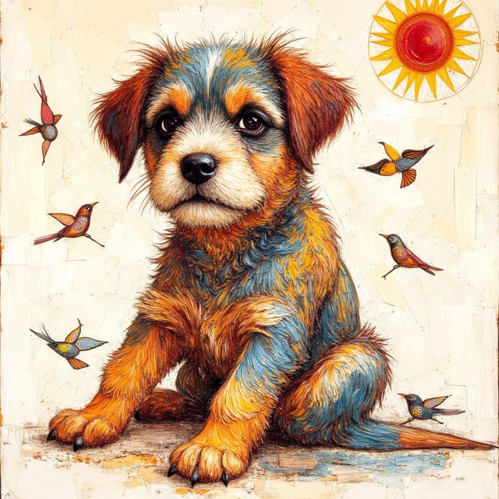 Expressionist Puppy in Klimt & Goncharova Style