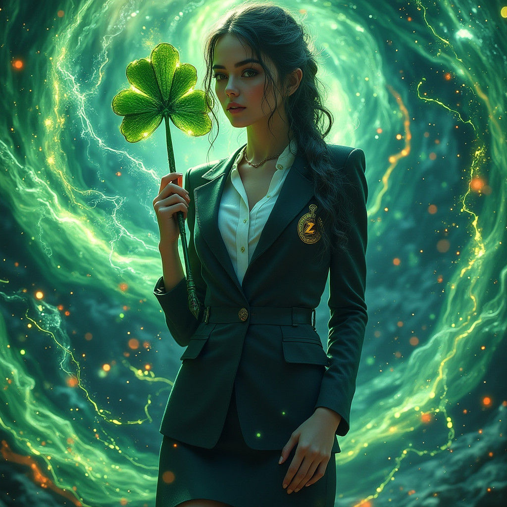 Surreal Businesswoman with Shamrock in Dreamlike Setting