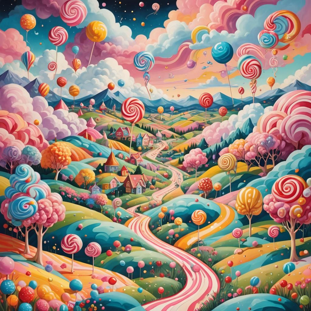 Surreal Candyland Landscape with Dissolving Equation