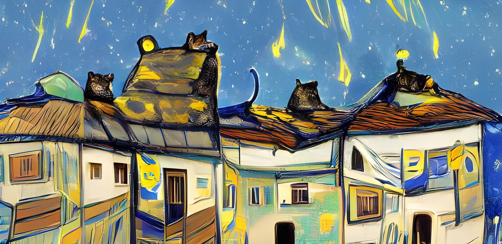 Cats on a Rooftop Under Starry Night
