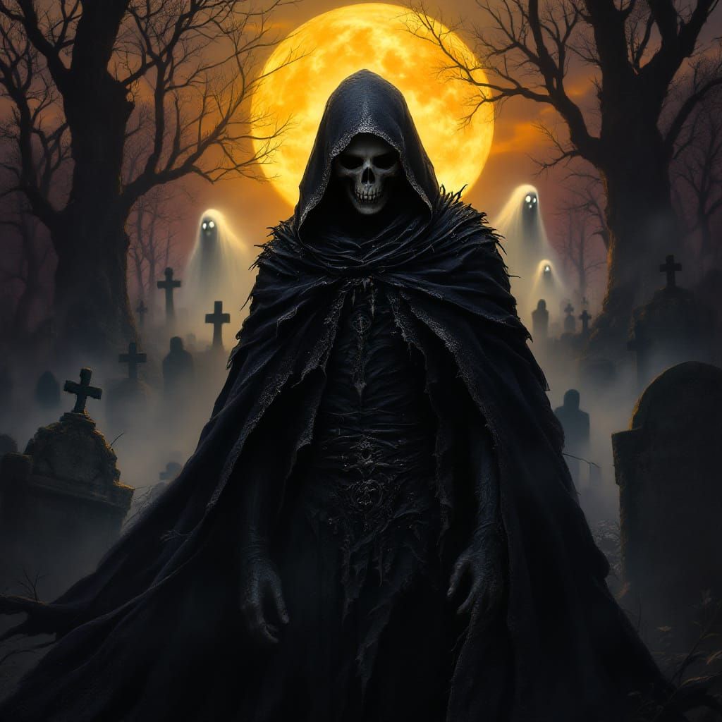 Gothic Skull Figure in Cemetery at Sunset