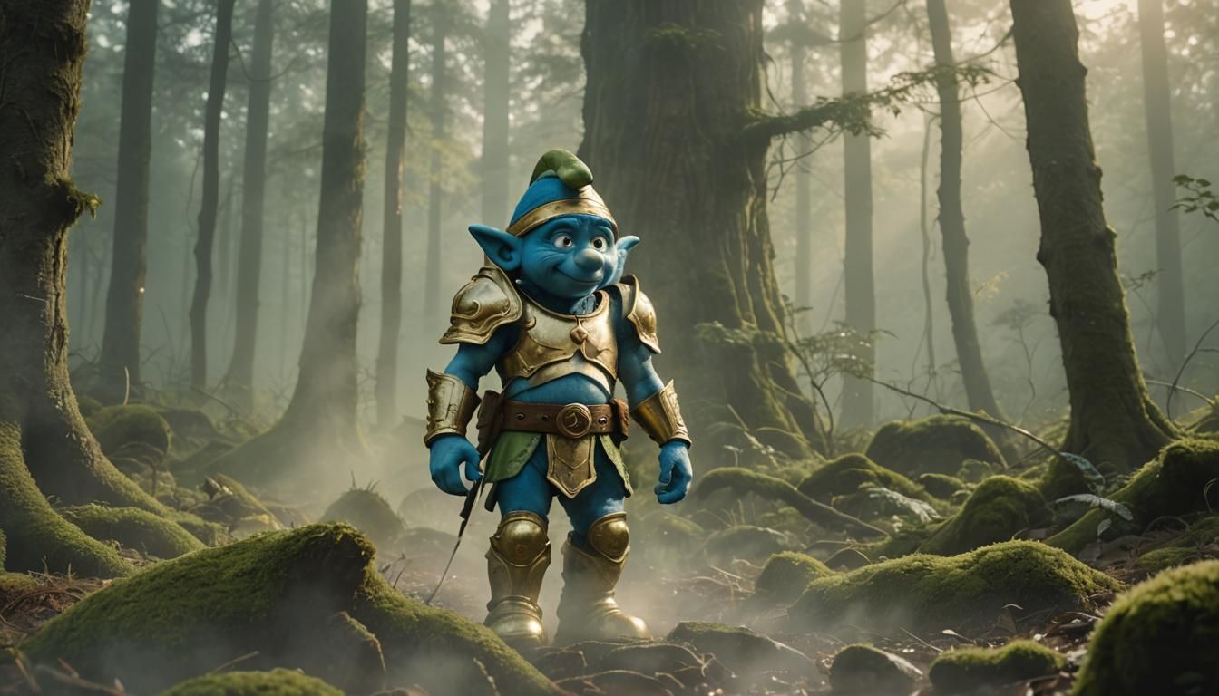 Heroic Smurf in Golden Armor Stands Tall in Enchanted Forest