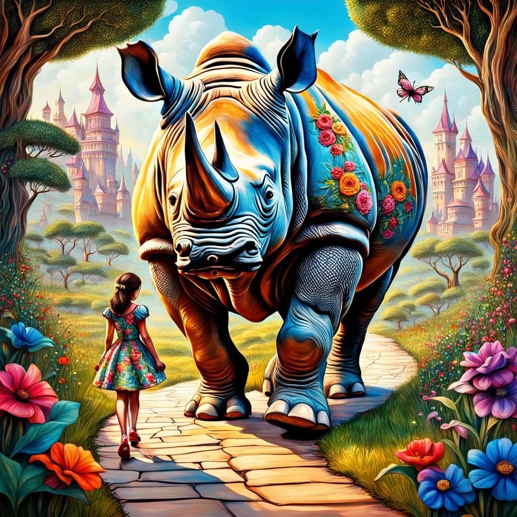 Girl and Rhino Emerge from Fairy Tale Book