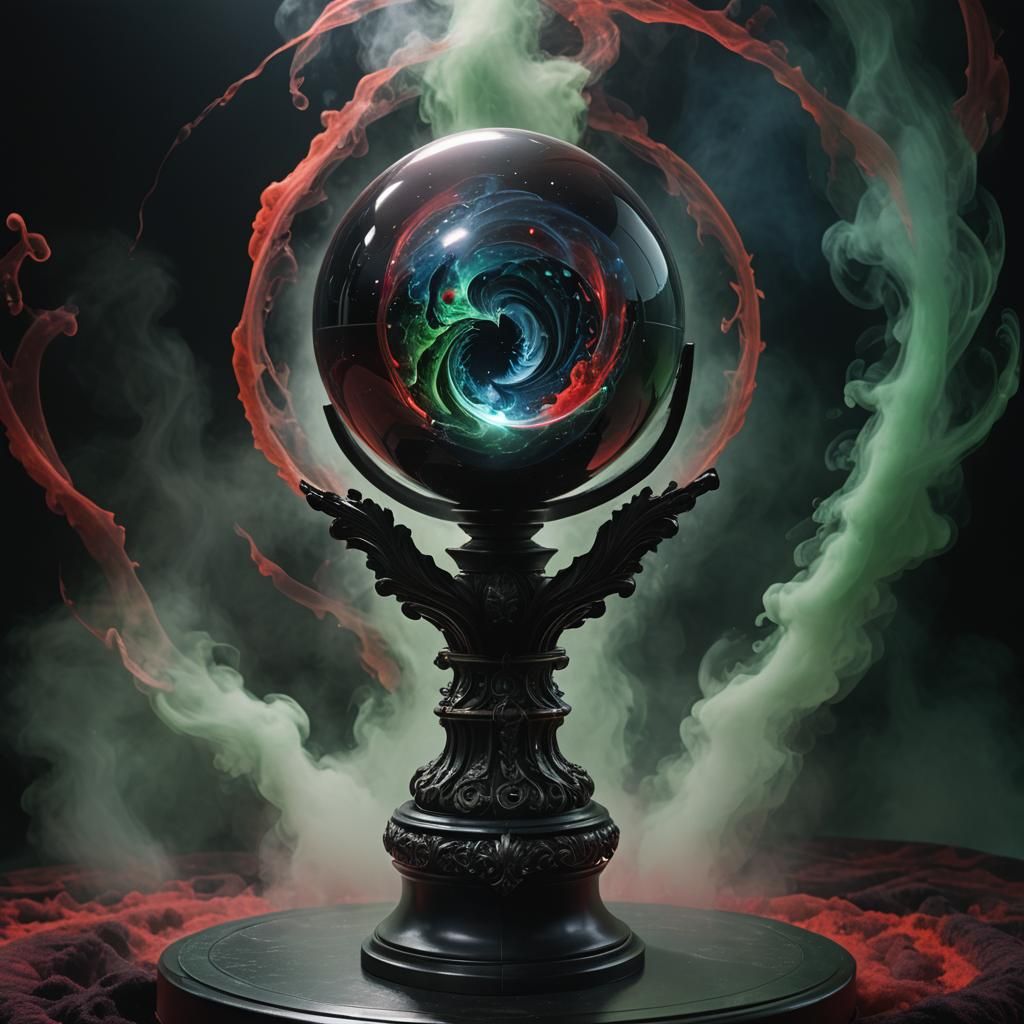 Magical Black Crystal Orb with Swirling Colored Fog