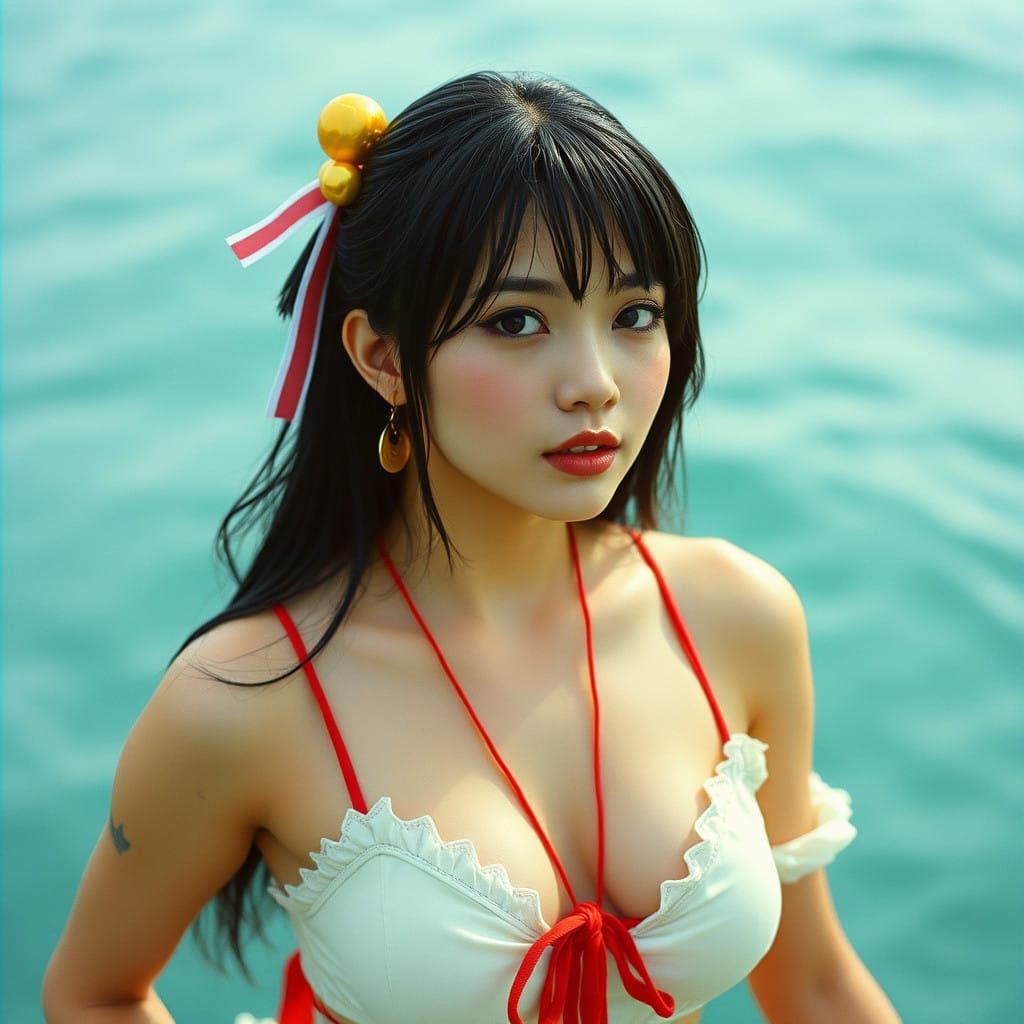 Mulher fazendo cosplay da personagem Nami, do anime One-Piece. Representação hiperrealista. Cinematic film still, shot o...