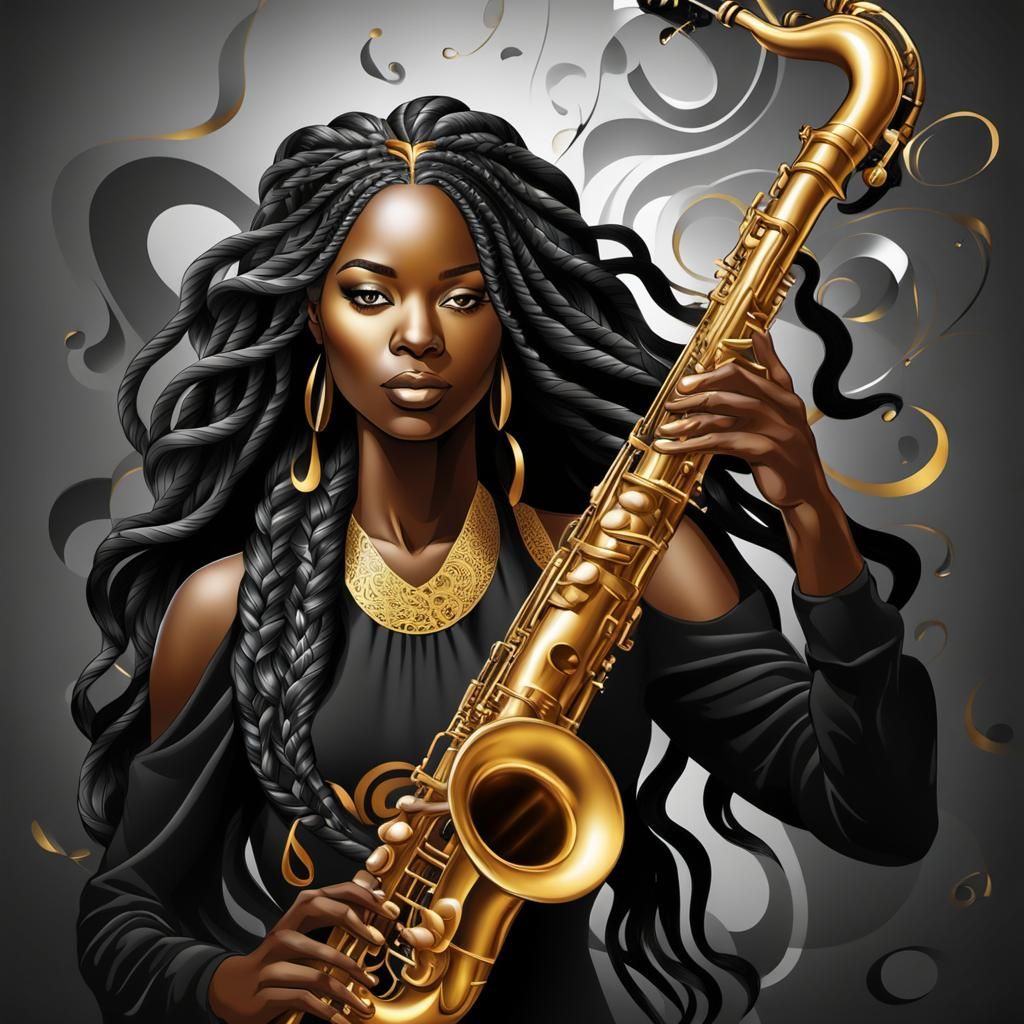 Black Woman with Saxophone in Abstract Fractal Design