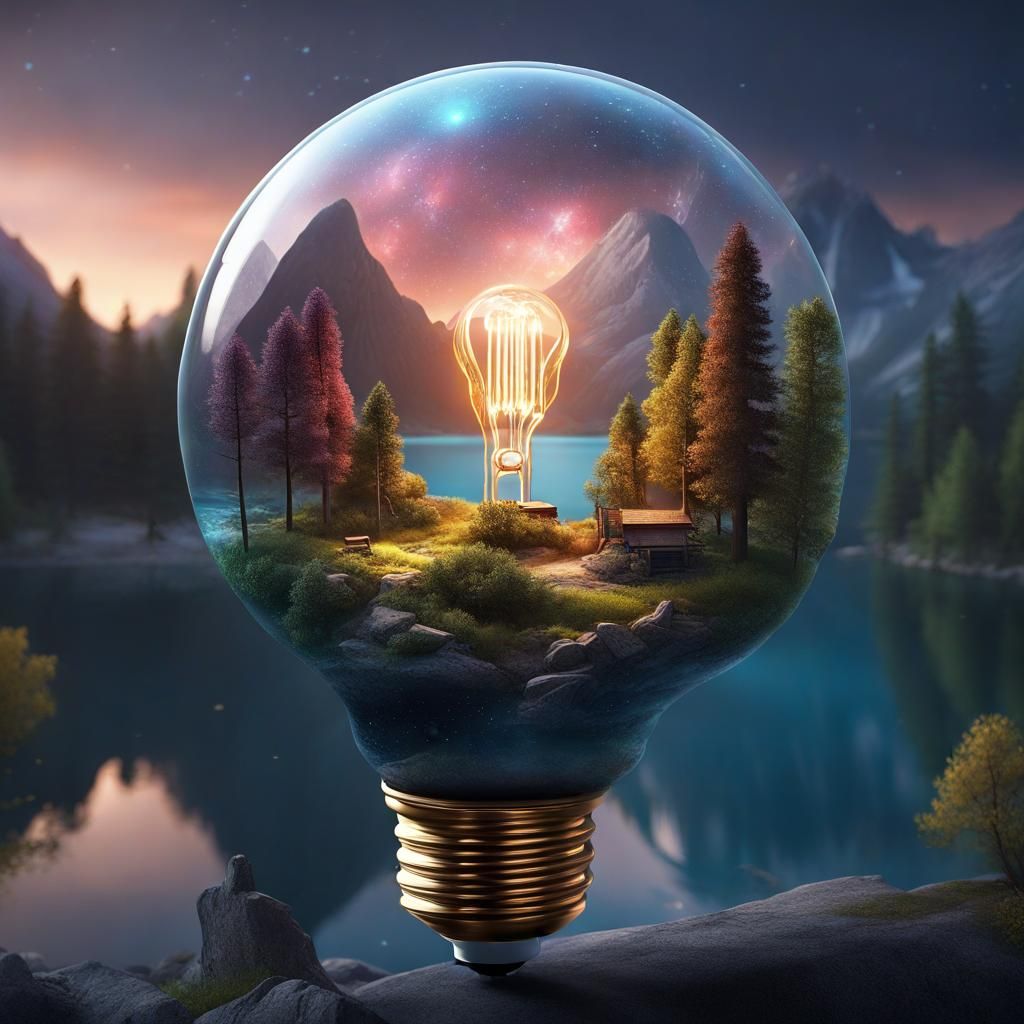 Mountains and Lakes Inside Lightbulb, Universe Backdrop