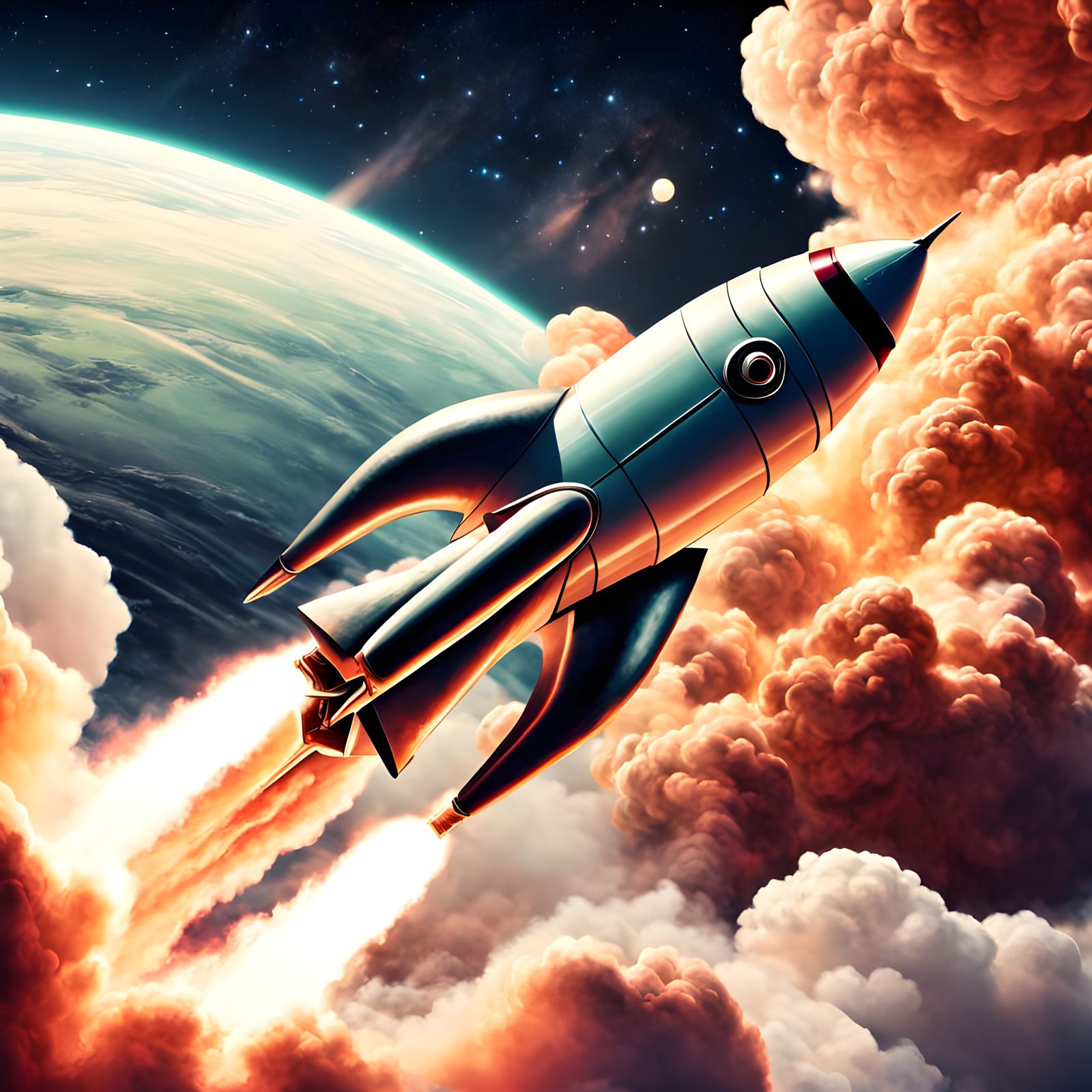 Retro 1950s rocket ship blasting off on its way to a distant...