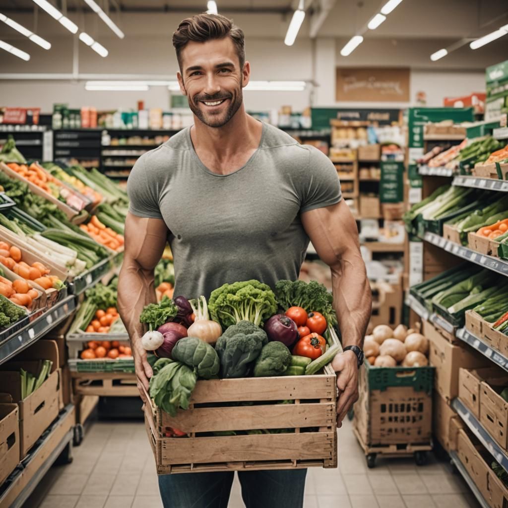 Shirtless Delivery Man with Vegetables in Supermarket