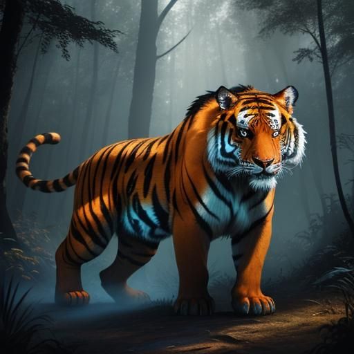 Fiery Tiger Roaring in Mystical Forest