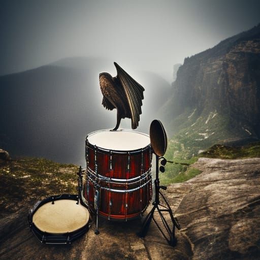 Drum Set on Mountain with Eagle and Angel