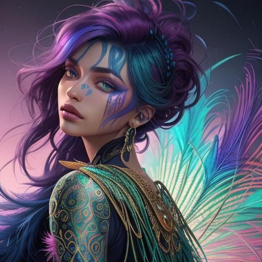 Fantasy Woman with Peacock Feathers Concept Art