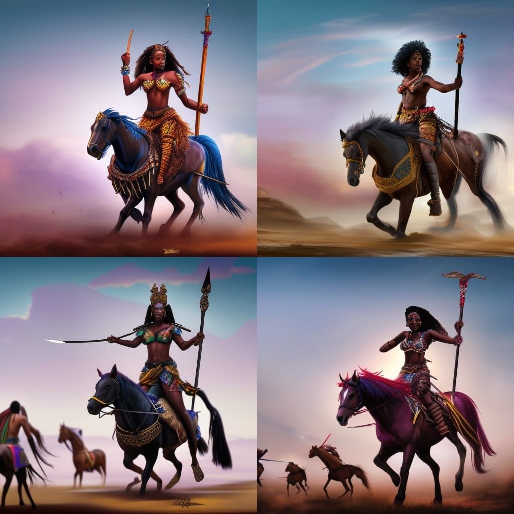 African Warrior Princess Leading Horsemen: Hyperrealistic Ar...