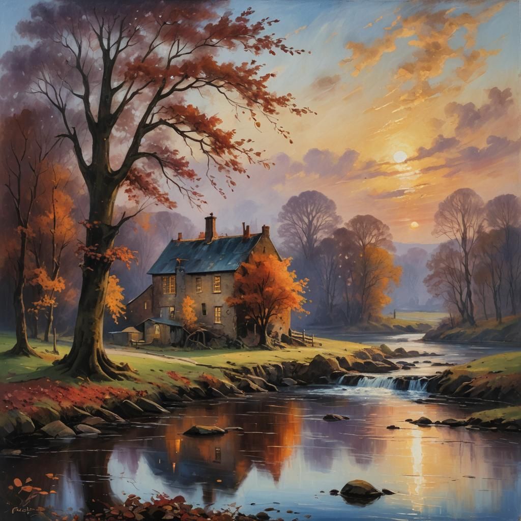Autumnal Mill Riverbank: Romantic Oil Painting