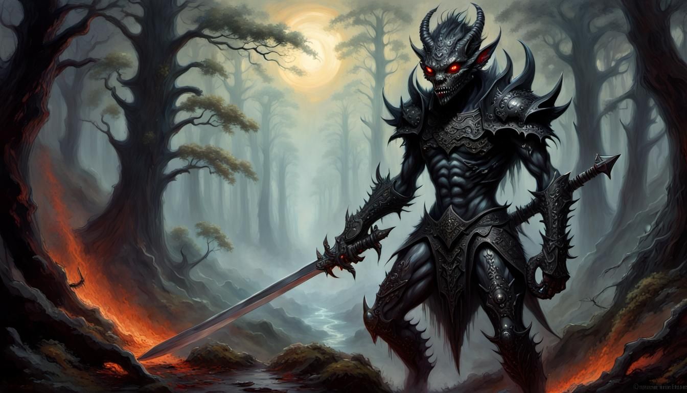 Scary Demon-Kobold Warrior in Ethereal Forest