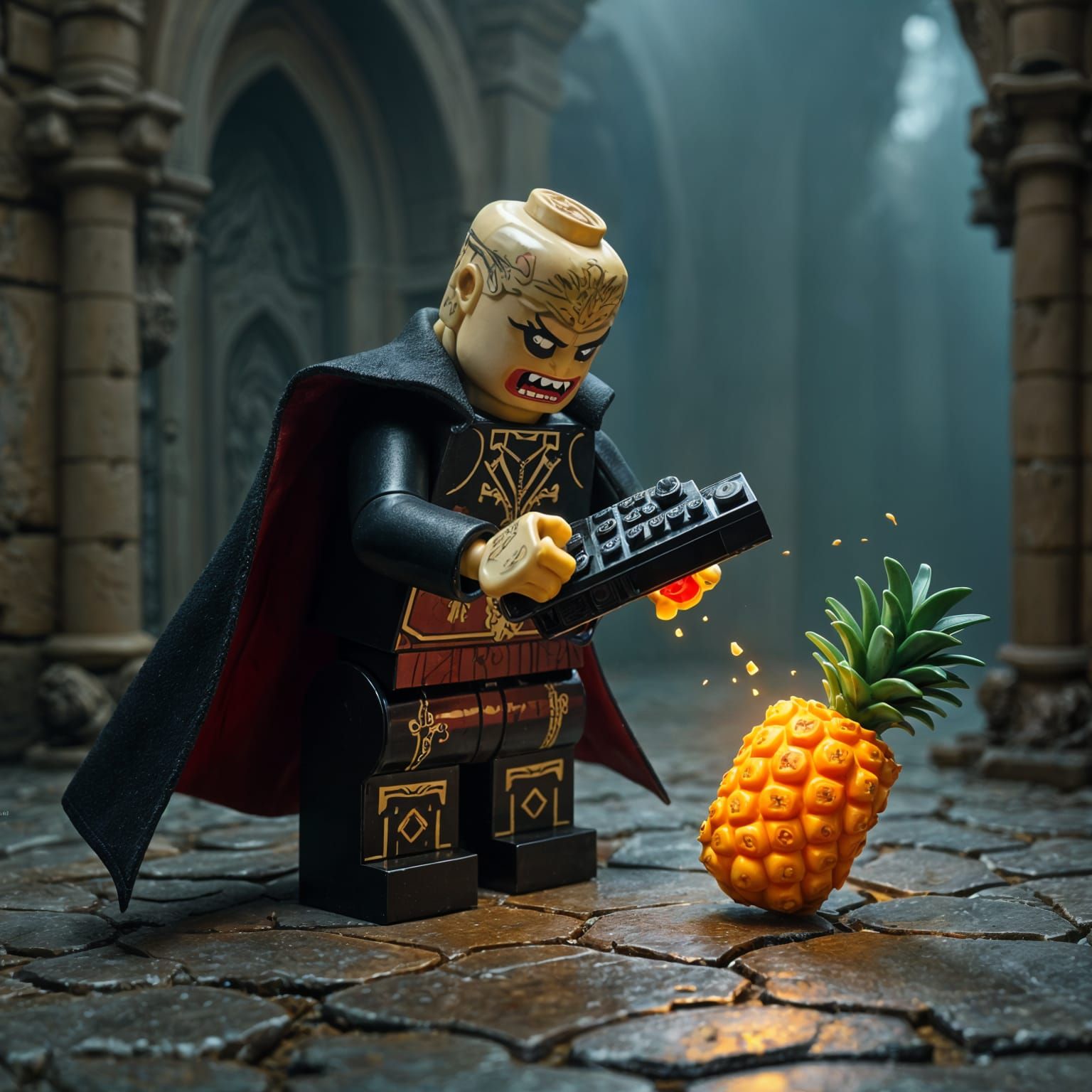 Lego Man Attacks Pineapple: Detailed Matte Painting