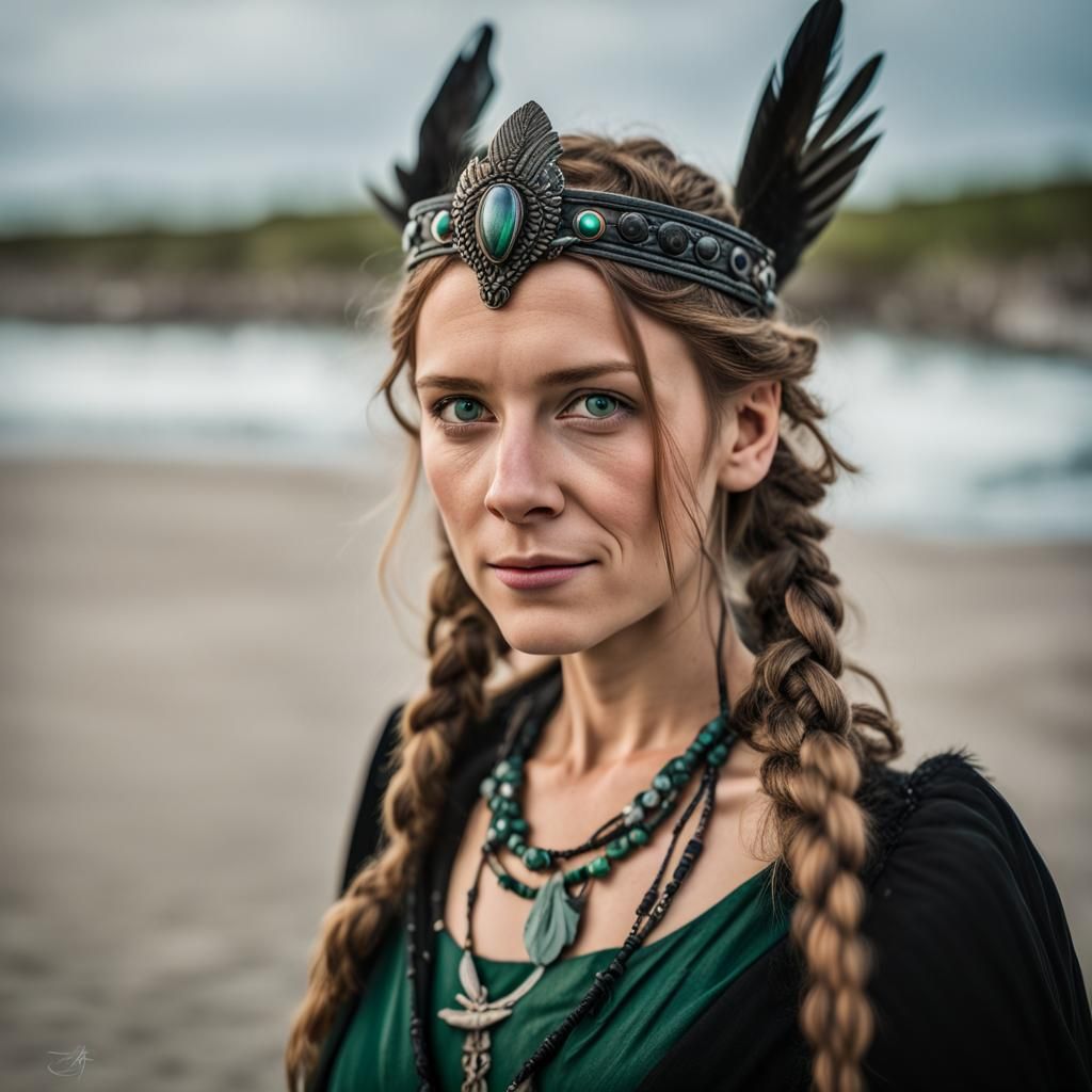 Viking Woman with Raven on Beach, Professional Photography