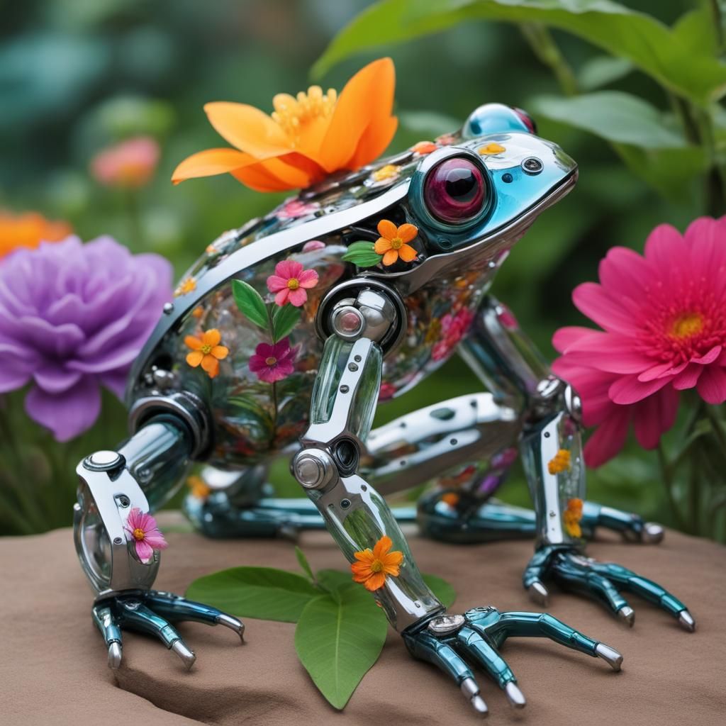 Futuristic Robot Frog in a Colorful Garden