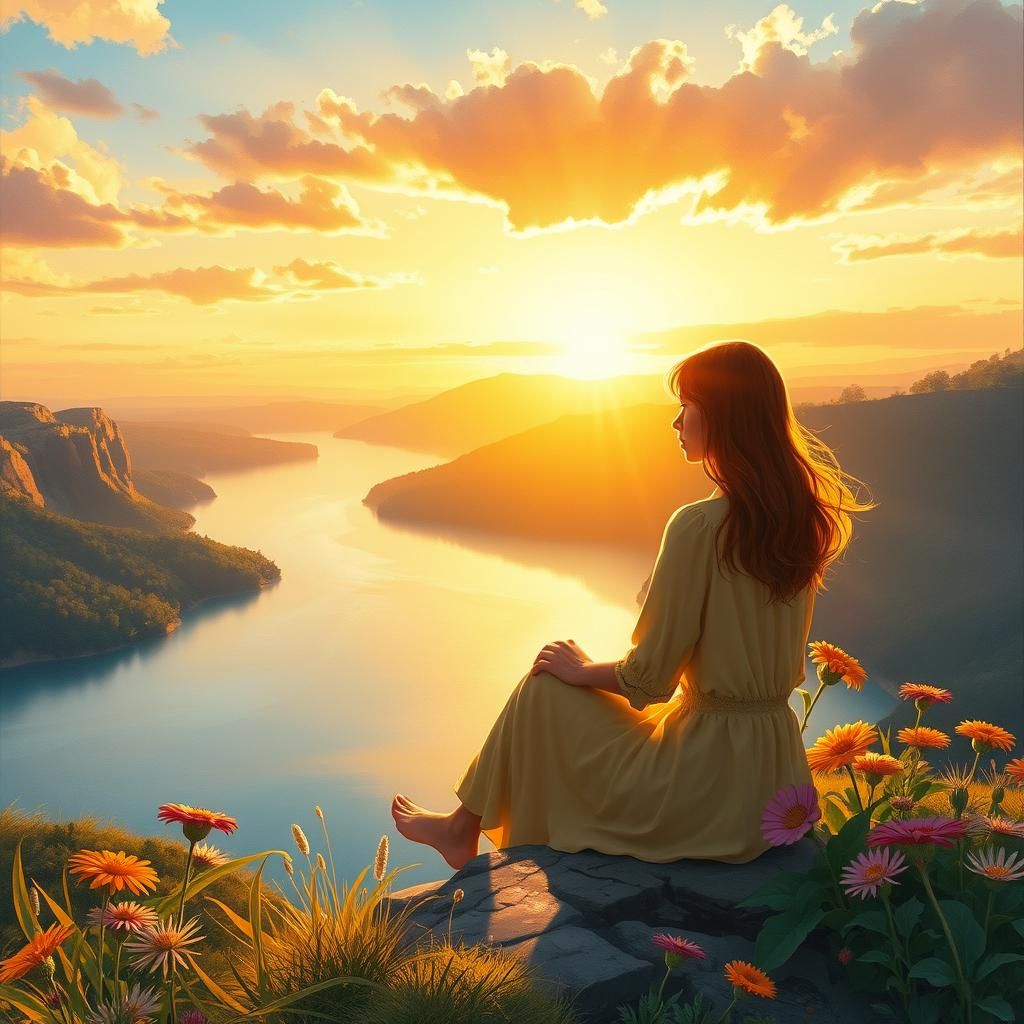 Contemplative Woman at Sunset in Atmospheric Style
