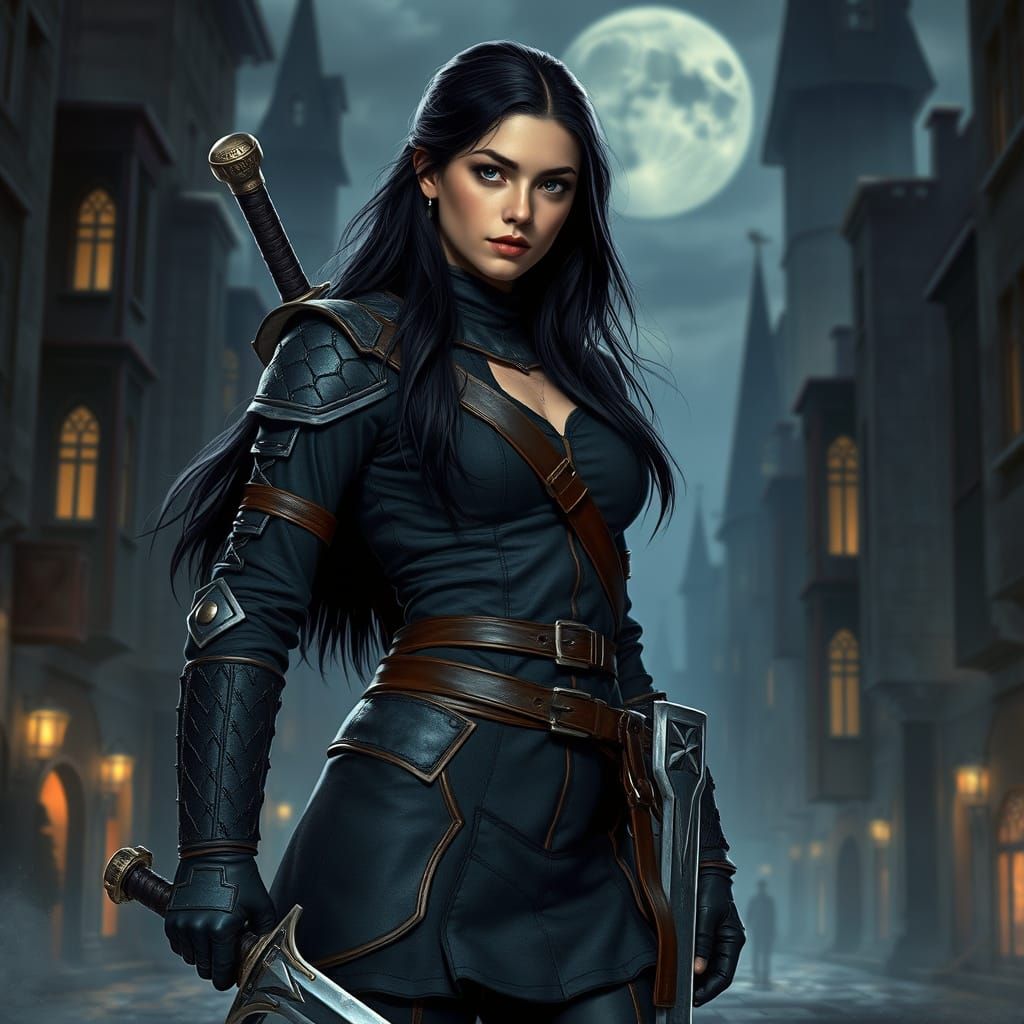 Fantasy Mercenary Stands Confidently in Dark Medieval City