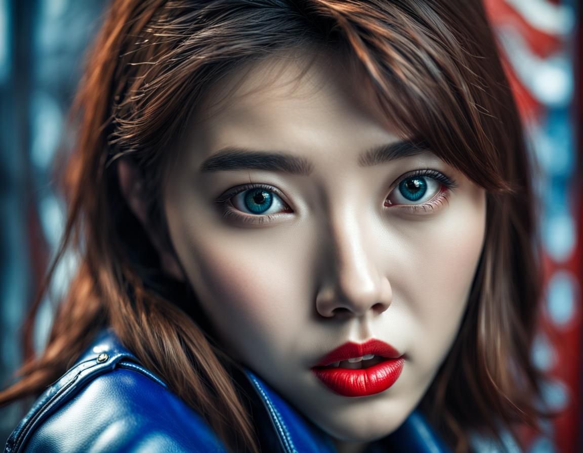 Hyperrealistic Korean Girl in Blue Leather Jacket