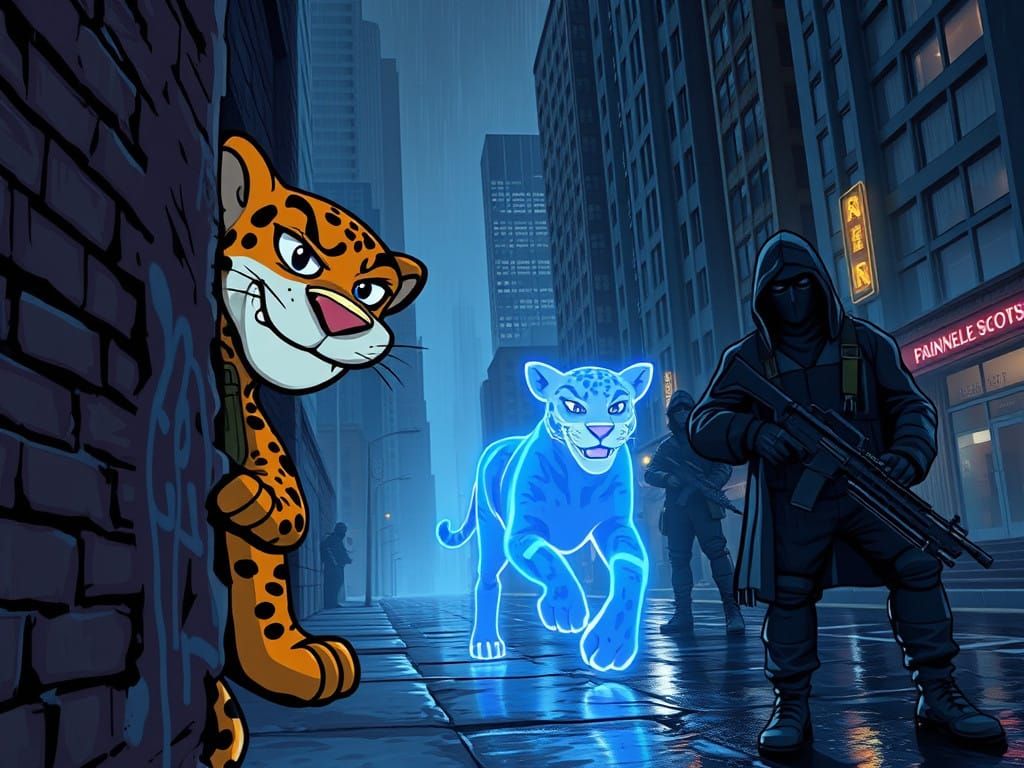Cartoon Leopard's Holographic Projection in Neon Cityscape