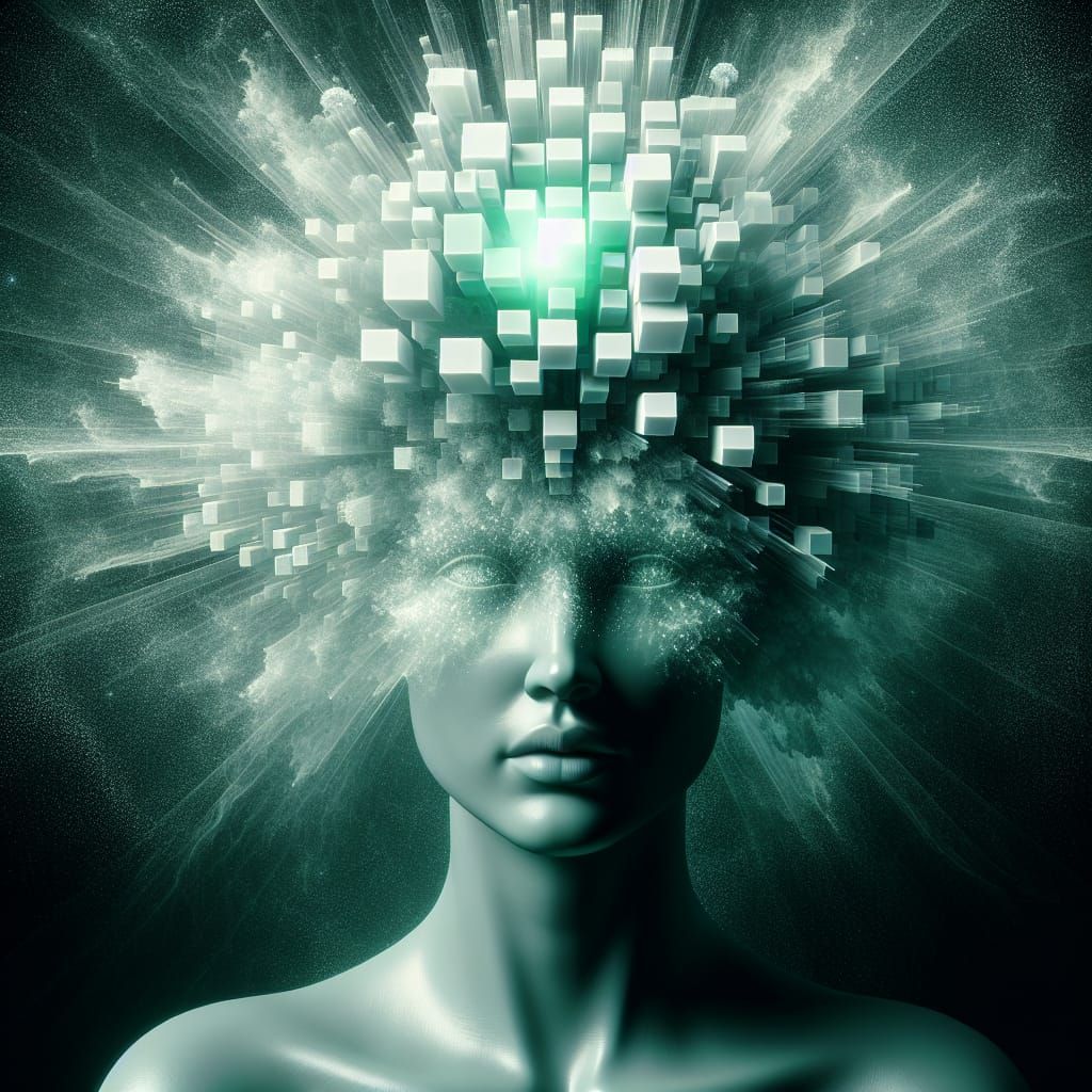 Surreal Portrait: Exploding Cubes in Light Green