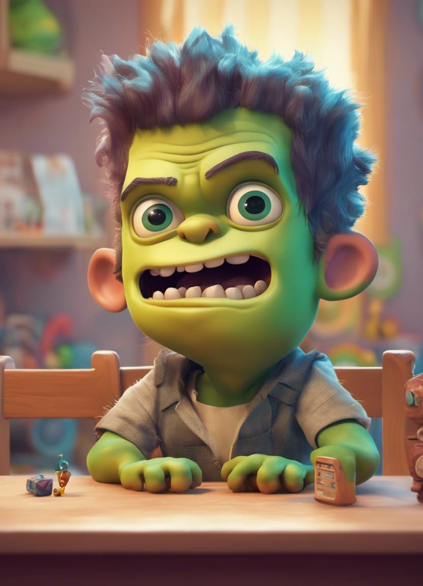 Frankenstein's Monster's First Day: Pixar-Style 3D Art