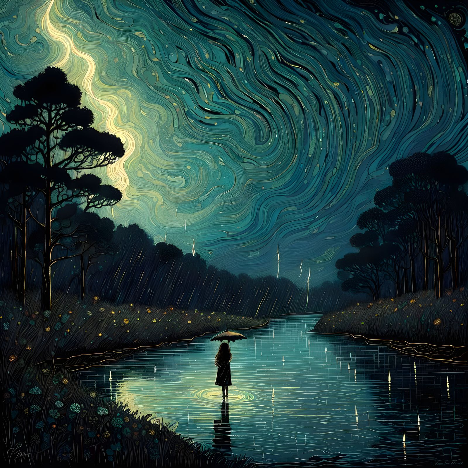 Woman in Stormy Night by River With Lightning