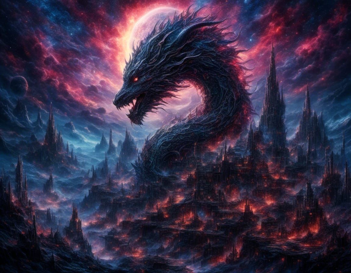 Cyberpunk Dragon in Cosmic Landscape