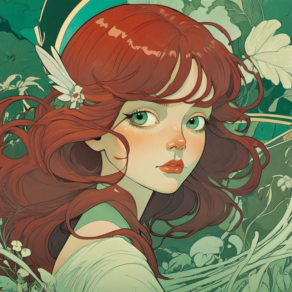 Woman with Red Hair and Green Eyes in Eclectic Art Style