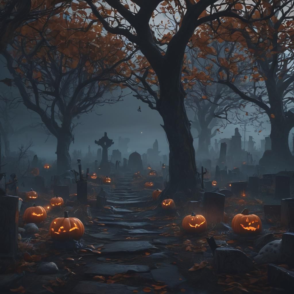 Ghosts Rising in Spooky Graveyard with Pumpkins