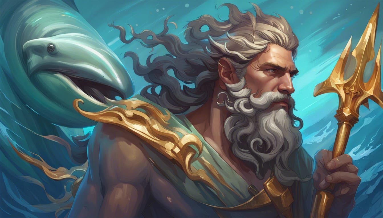 Poseidon Portrait with Whale in Hyperdetailed Seascape