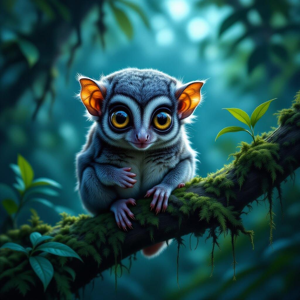 Tarsier in Twilight Jungle, Hyperrealistic Digital Art