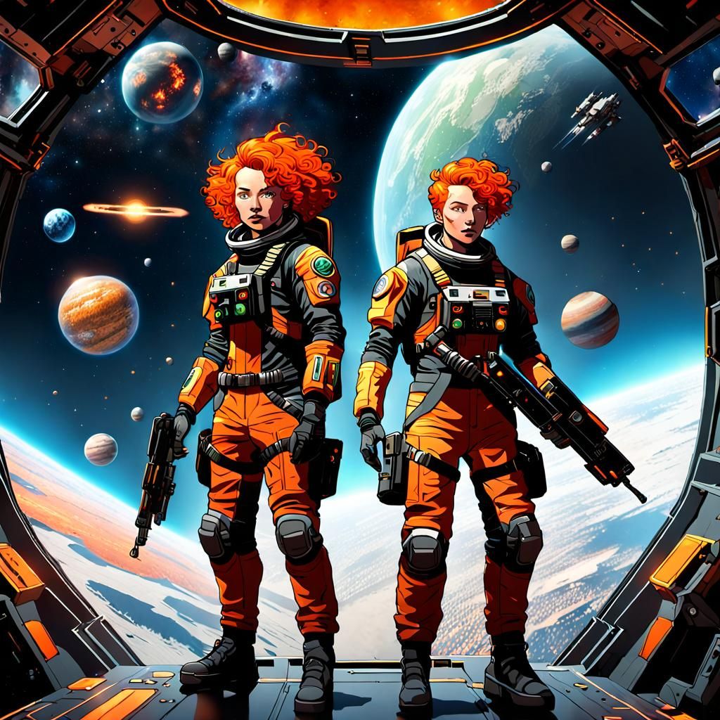 Short curly orange hair, Amazonian physique, wearing leather...