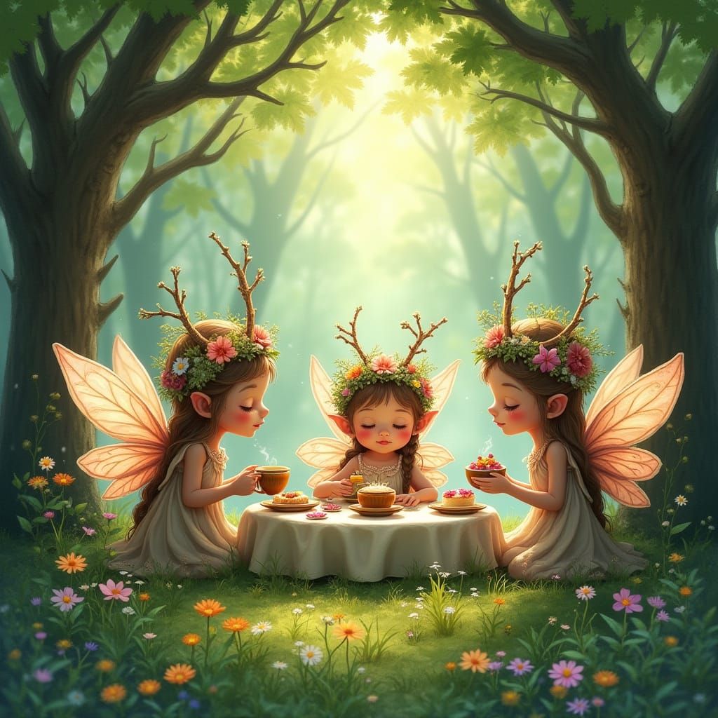 Whimsical Fairy Folk Gather for a Lush Tea Party in a Seclud...