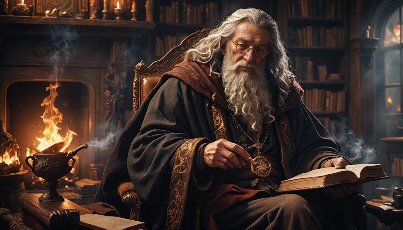 Ancient Wizard Reading by Firelight