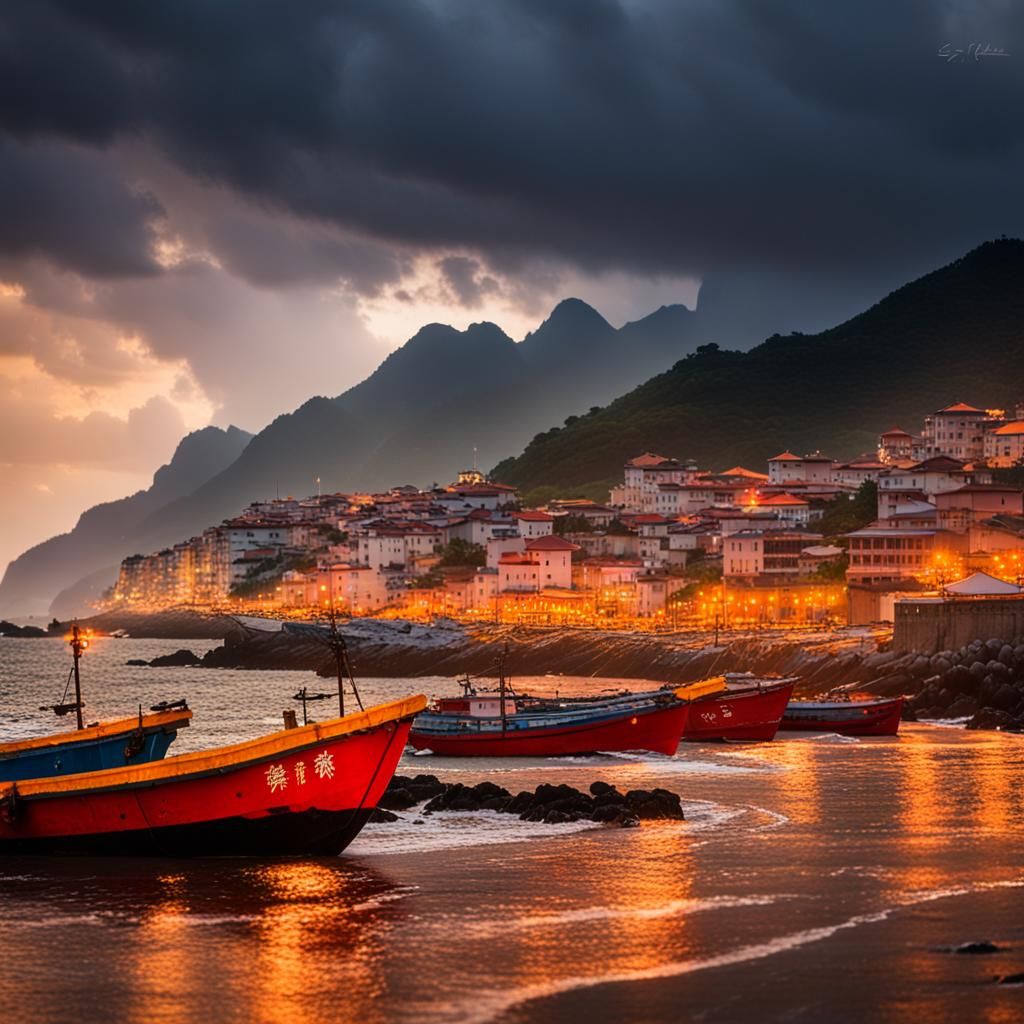 Stormy Seascape Over Chinese Mountains at Golden Sunset