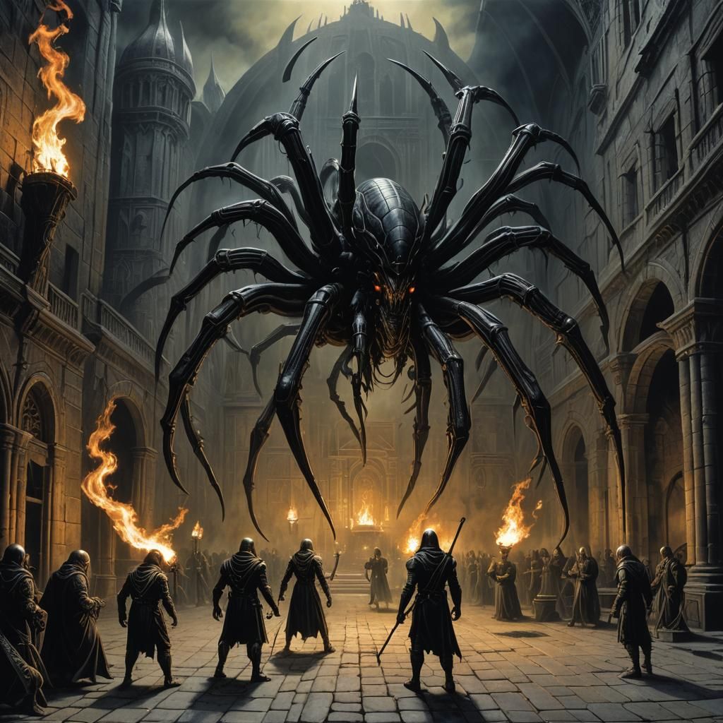 Xenomorphic Spider in Dark Castle Courtyard