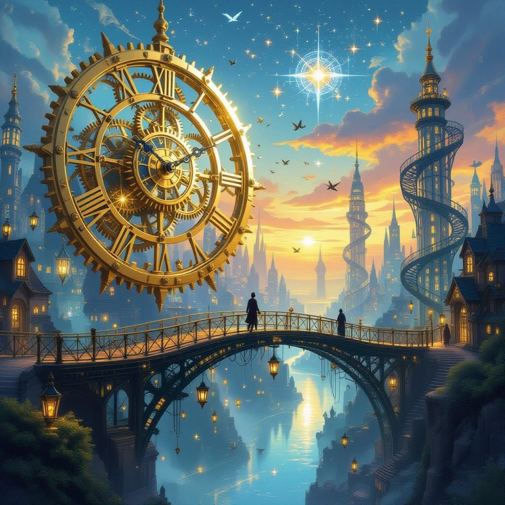 Floating City of Clockwork Dreams in Twilight Sky