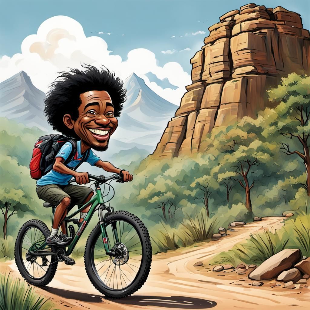 Caricature of Mountain Biker with Exaggerated Features