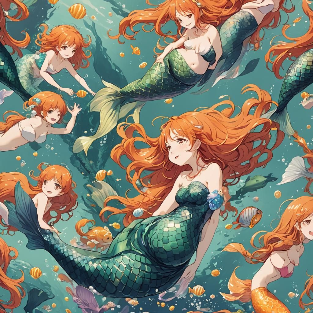 Pregnant Anime Mermaid with Orange Hair
