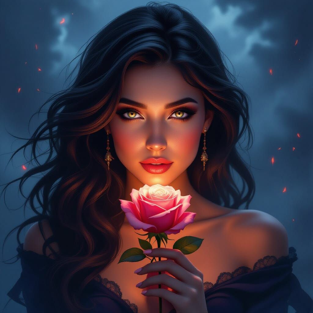 Ethereal Woman with Glowing Rose in Symbolic Fantasy Art