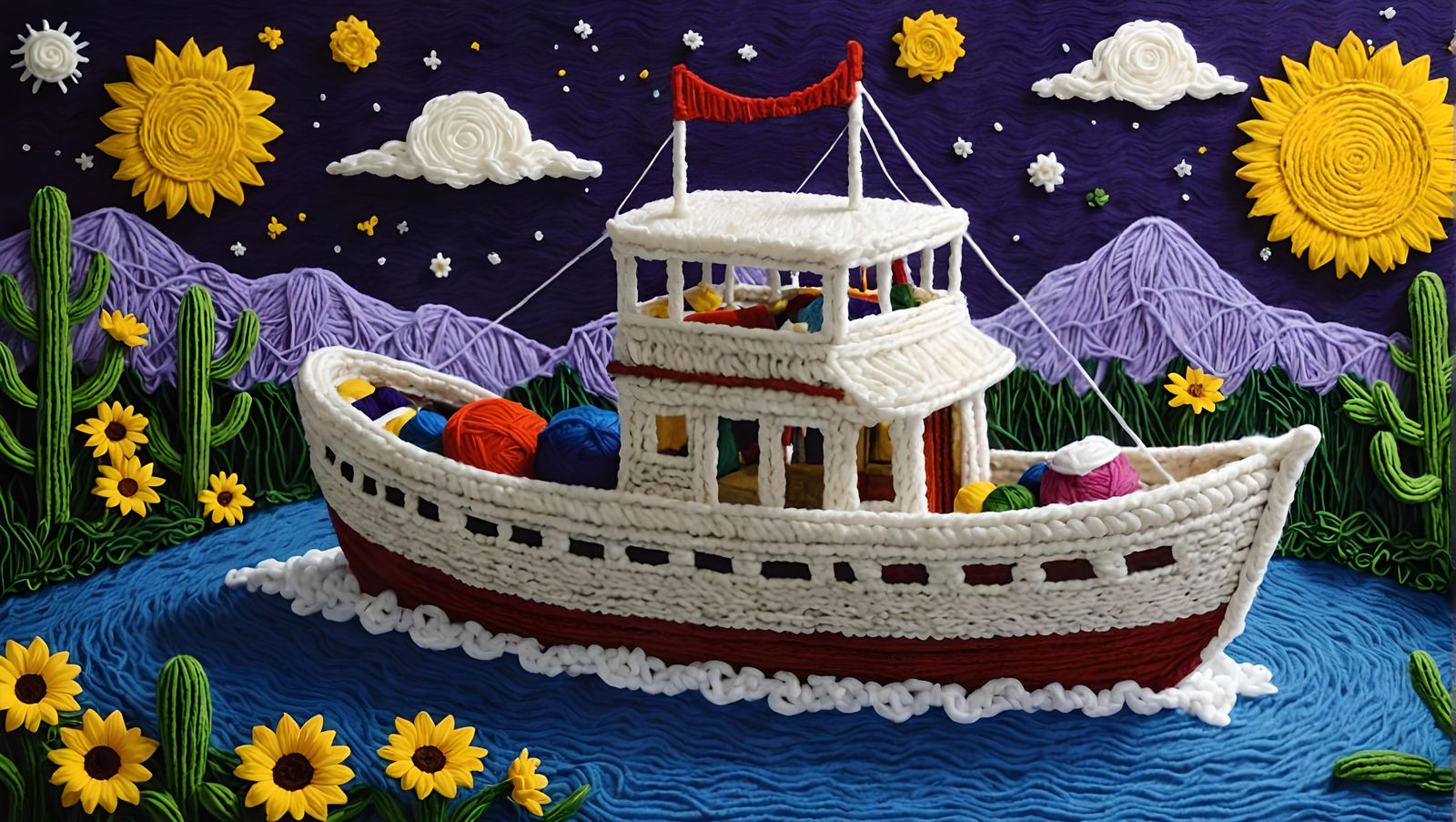 Yarn Ship on River of Time in Yarn Painting