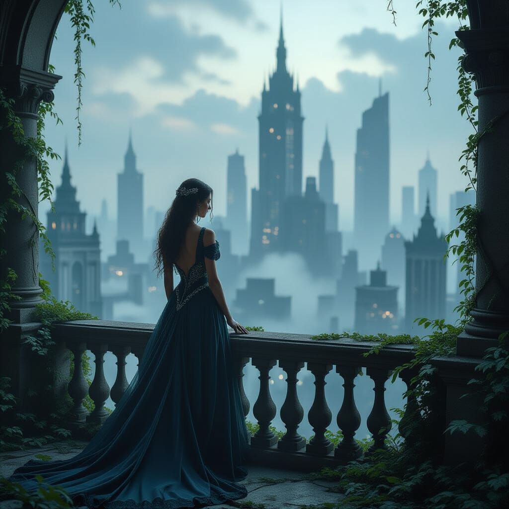 Elegant Woman in Overgrown City Ruins