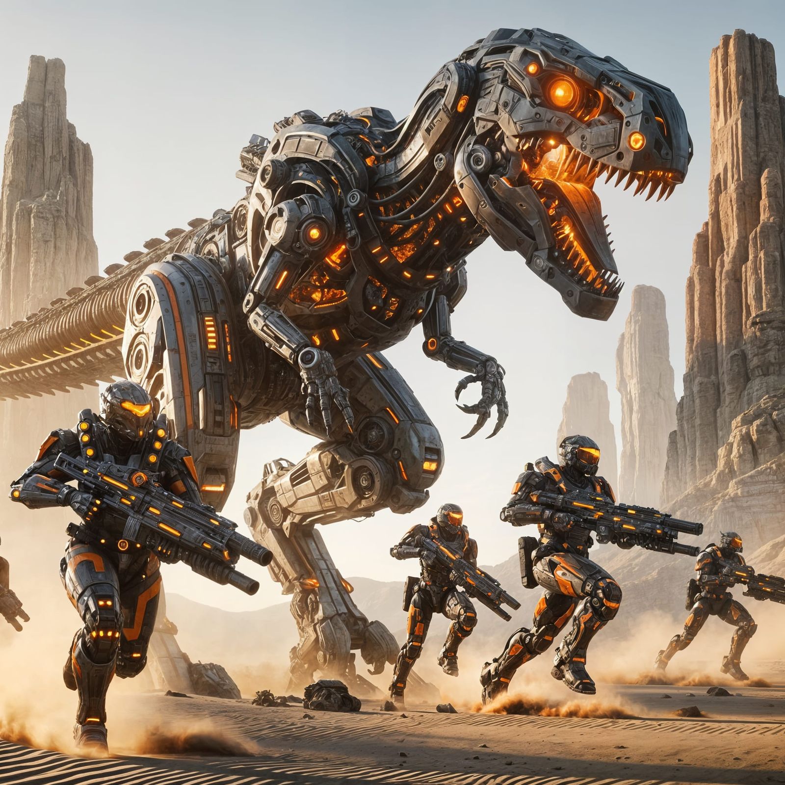 Futuristic Desert Warriors Confront Ancient Beast